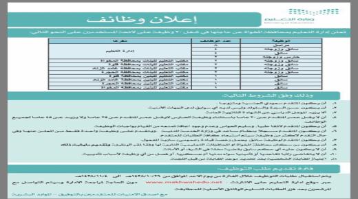 ادارة التعليم بمحافظة المخواة تعلن عن 20 وظيفة شاغرة