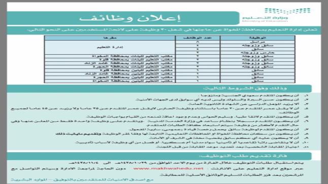 ادارة التعليم بمحافظة المخواة تعلن عن 20 وظيفة شاغرة
