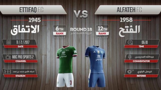 مباراة الاتفاق والفتح اليوم في لقاء الإياب على استاد الأمير محمد بن فهد بالجولة 18 من الدوري السعودي